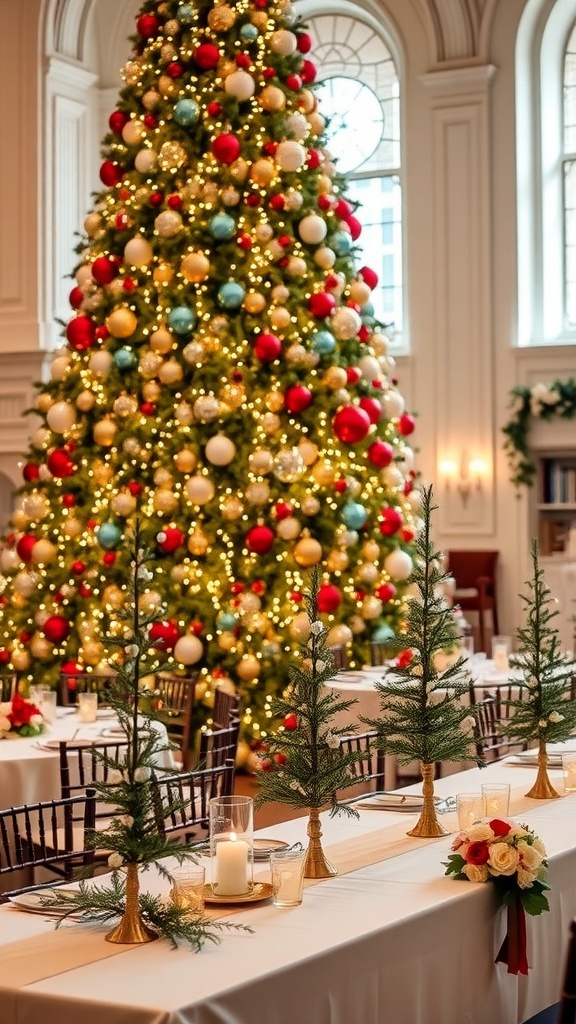 A festive wedding scene with a large Christmas tree and elegant table decorations.